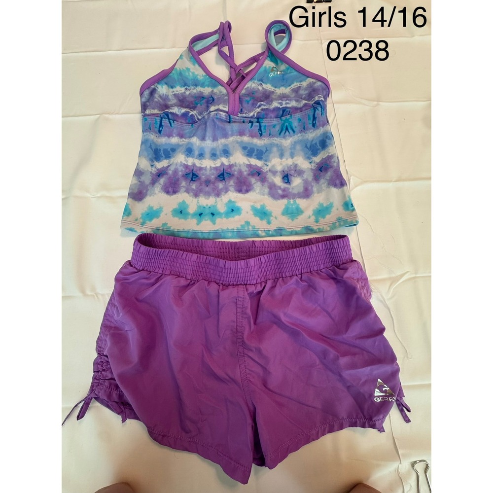 Gerry Girls Tie Dye Tank Top and Shorts Activewear Set Purple Blue Size 14/16